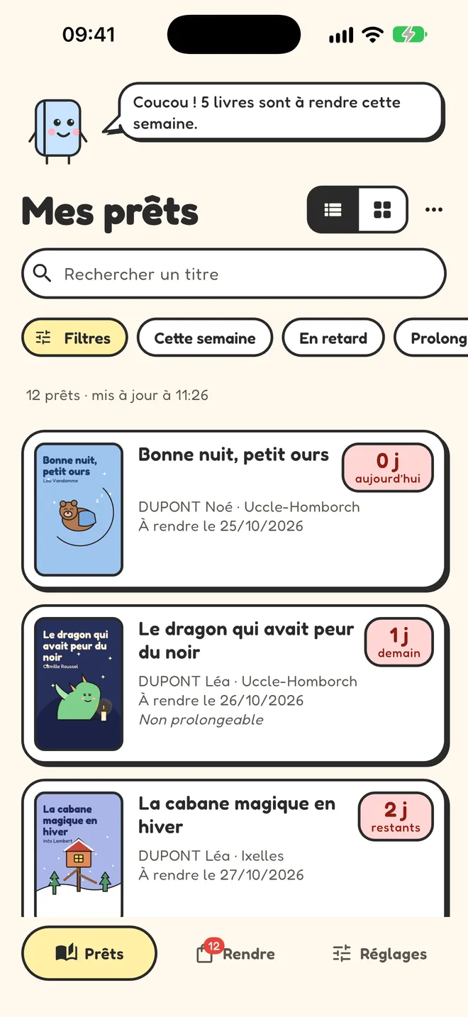 L’écran « Mes prêts » de Biblio+ : les livres de la famille triés par date de retour, avec un badge par livre (aujourd’hui, demain, 2 jours restants).